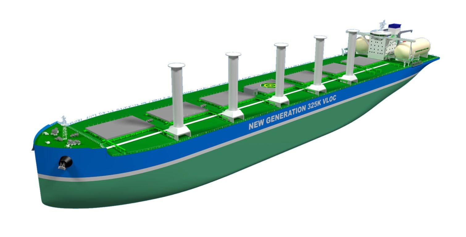 Concept rendering of a large Newcastlemax ore carrier equipped with rotor sails and ethanol fuel tanks, designed for Vale and powered by WinGD’s first ethanol-fuelled two-stroke marine engines.