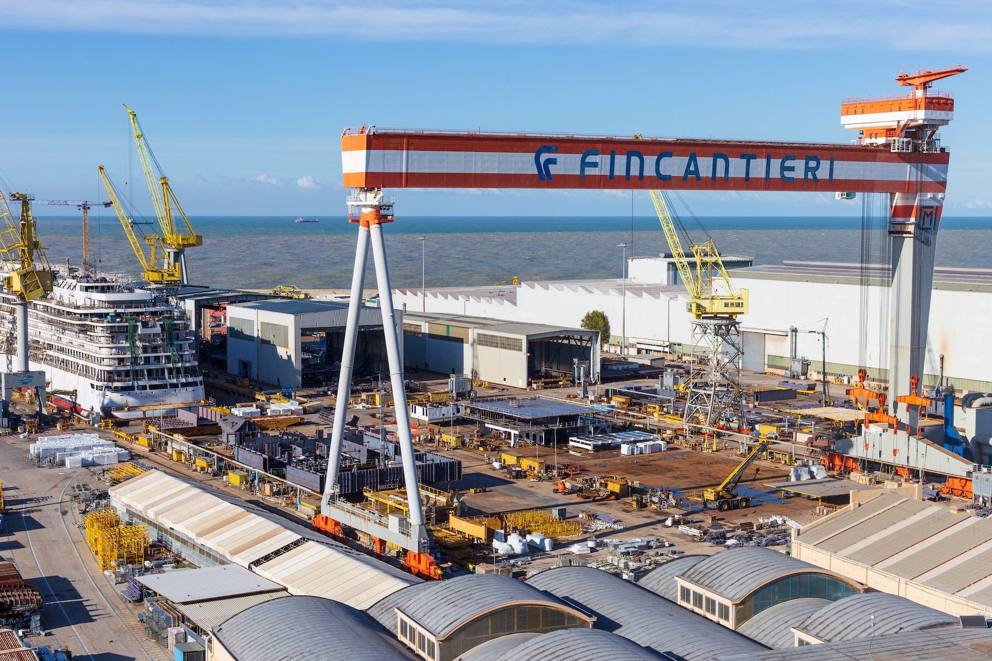An aerial of Fincantieri's Ancona shipyard in Marche, Italy