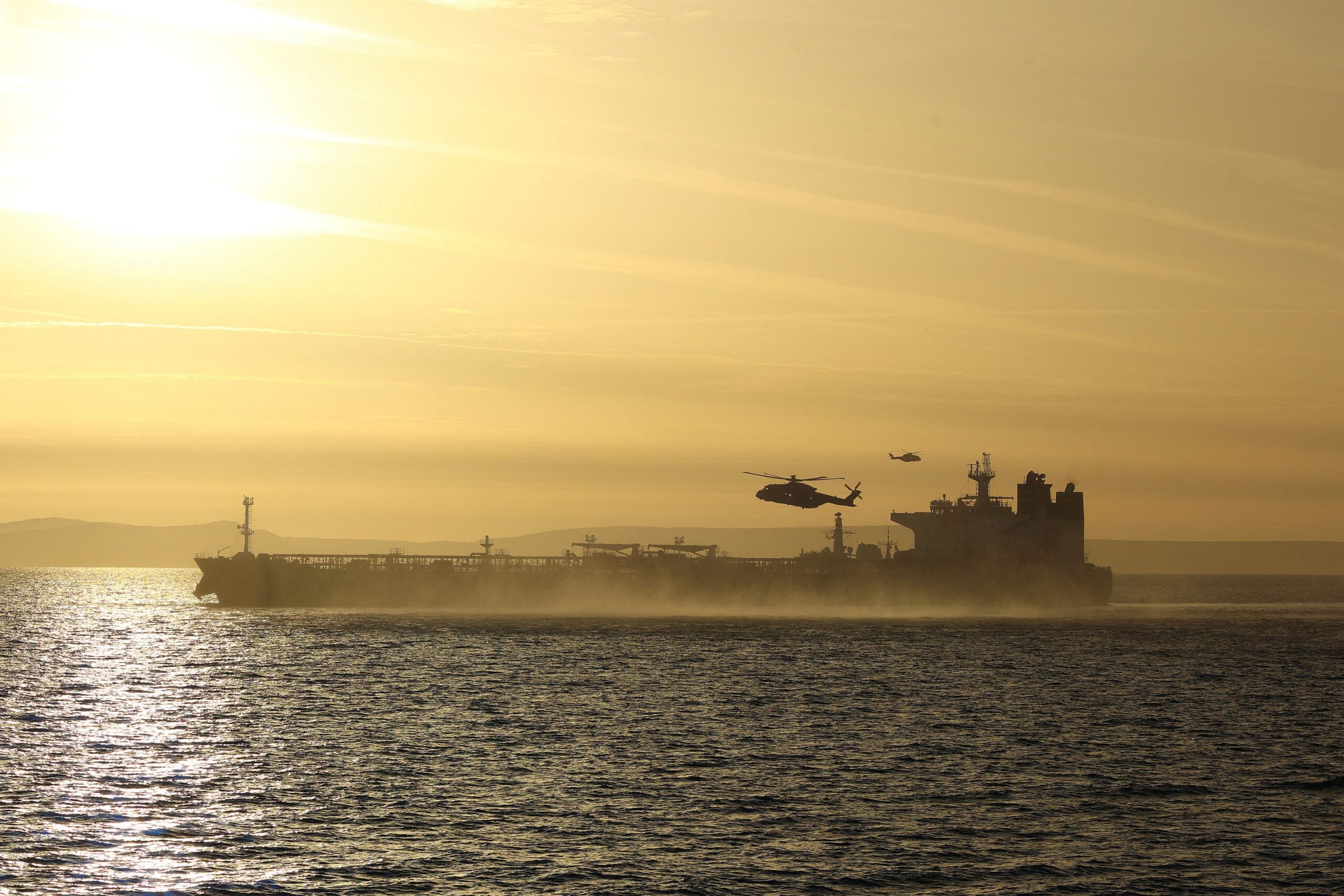 UK Royal Marine Commandos take part in a maritime interdiction operation on the vessel SMYRTOS off the south coast of England