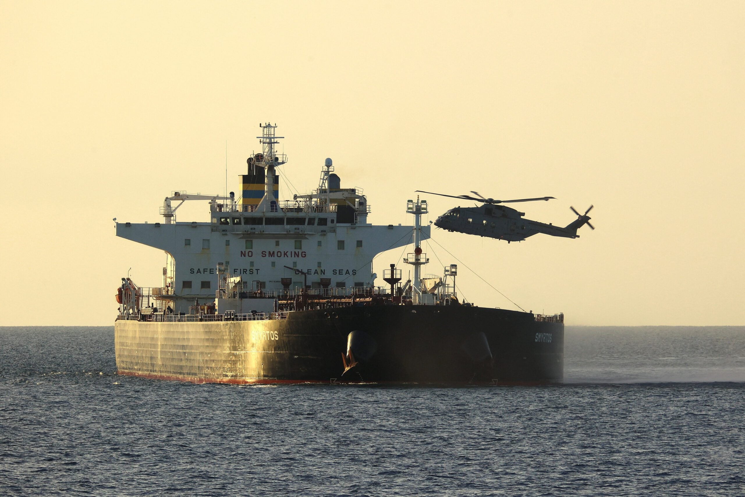 UK Royal Marine Commandos take part in a maritime interdiction operation on the vessel SMYRTOS off the south coast of England