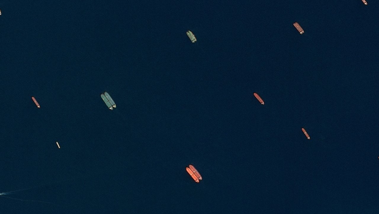 A satellite image of side-by-side ships at sea, off the coast of Sohar, Oman, June 9, 2026