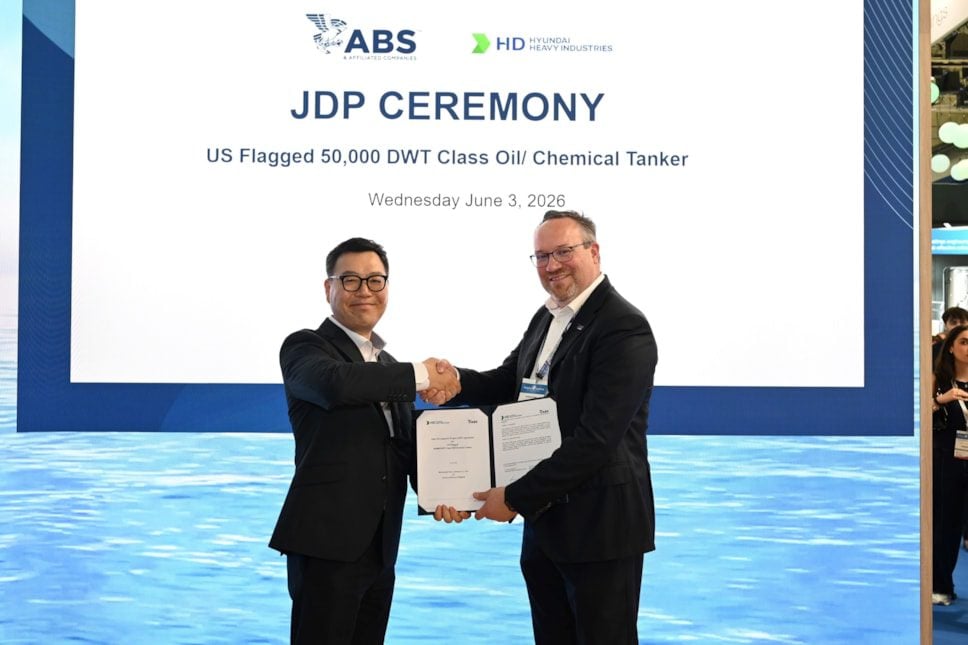 Photo Caption (L to R): Yihyo Chung, HD HHI Senior Vice President/Initial Design Office (Medium Size Ship) and Patrick Ryan, ABS Senior Vice President and Chief Technology Officer at Posidonia 2026