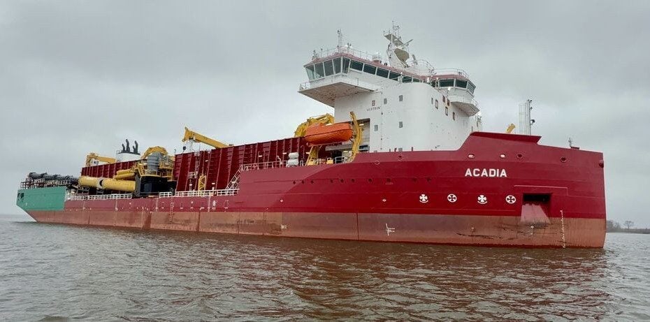 The rock installation vessel Acadia at sea