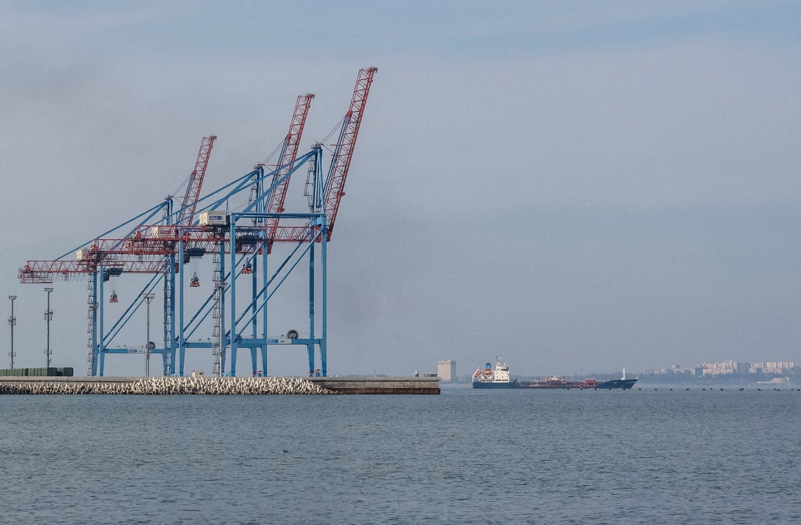 A cargo vessel leaves a port in the Black Sea in Odesa