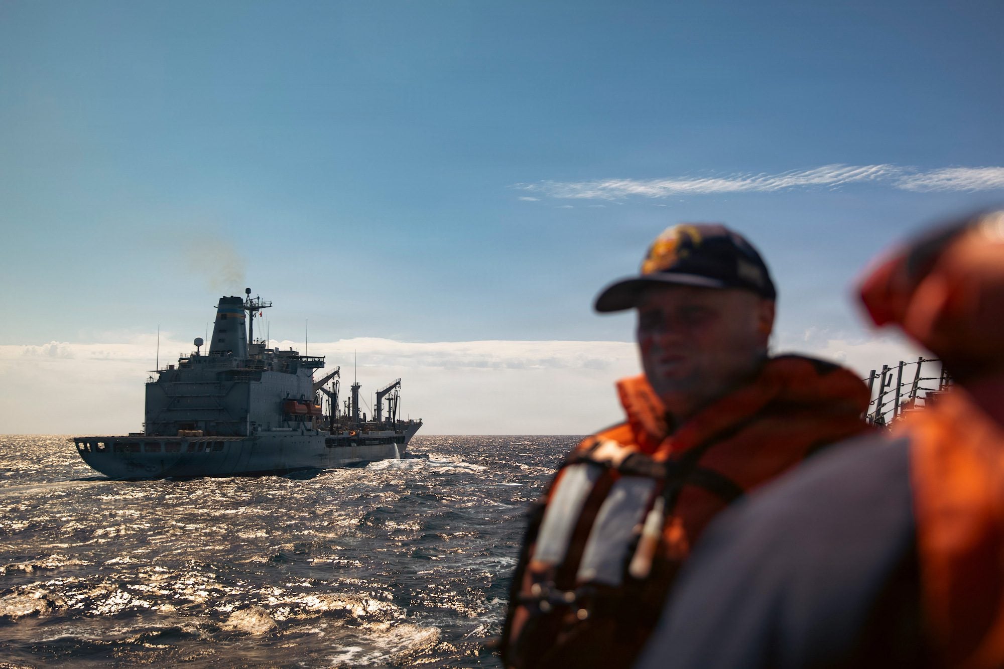 The Arleigh Burke-class guided-missile destroyer USS Winston S. Churchill (DDG 81) conducts a replenishment-at-sea with Henry J. Kaiser class fleet replenishment oiler USNS Kanawha (T-AO-196), Mar. 17, 2026.