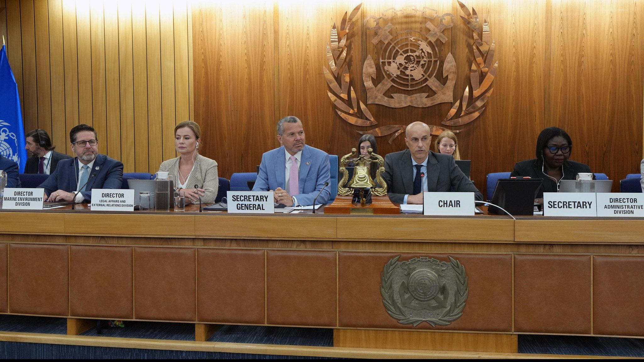 IMO Secretary-General Arsenio Dominguez sits with Council officials during the 137th session of the International Maritime Organization Council in London, where delegates discussed maritime security, freedom of navigation, and the safety of seafarers.