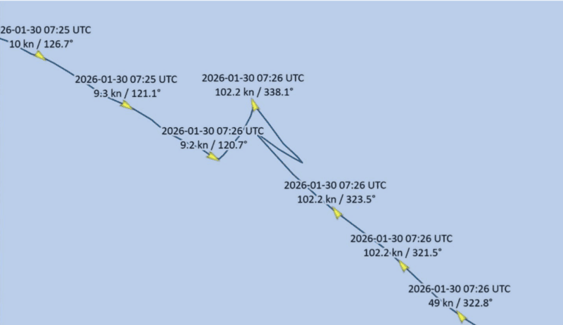 Rastro AIS de um navio porta-contêineres com saltos de posição repentinos e velocidades impossíveis excedendo 100 nós causadas por interferência de GPS/GNSS.