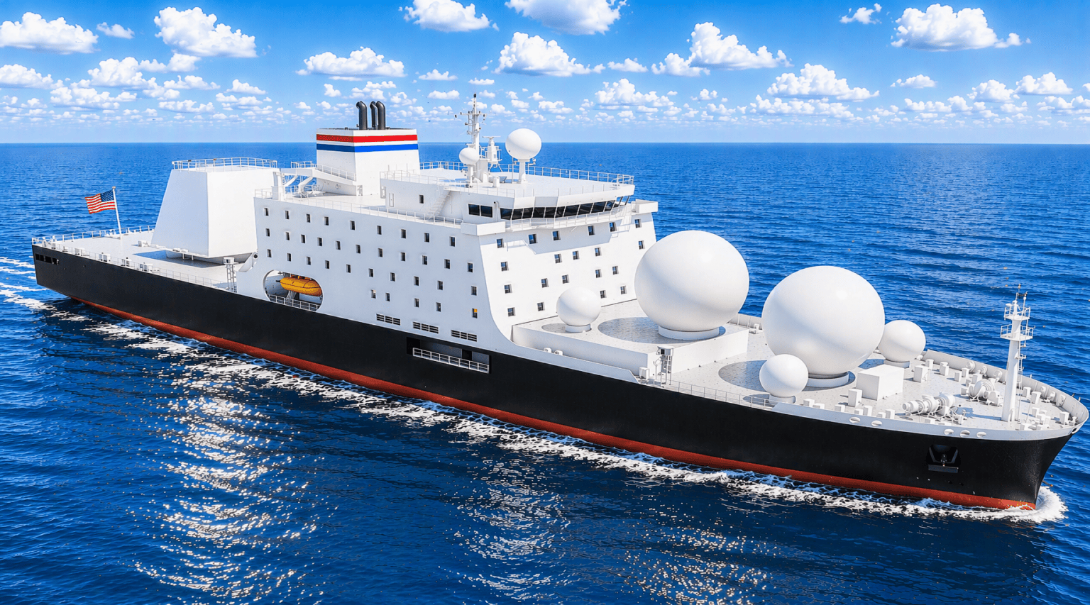 Artist's rendering of a next-generation Missile Range Instrumentation Vessel at sea featuring multiple large spherical radar domes on the foredeck. The ship will replace the Pacific Tracker and Pacific Collector in support of U.S. missile defense testing and tracking missions.