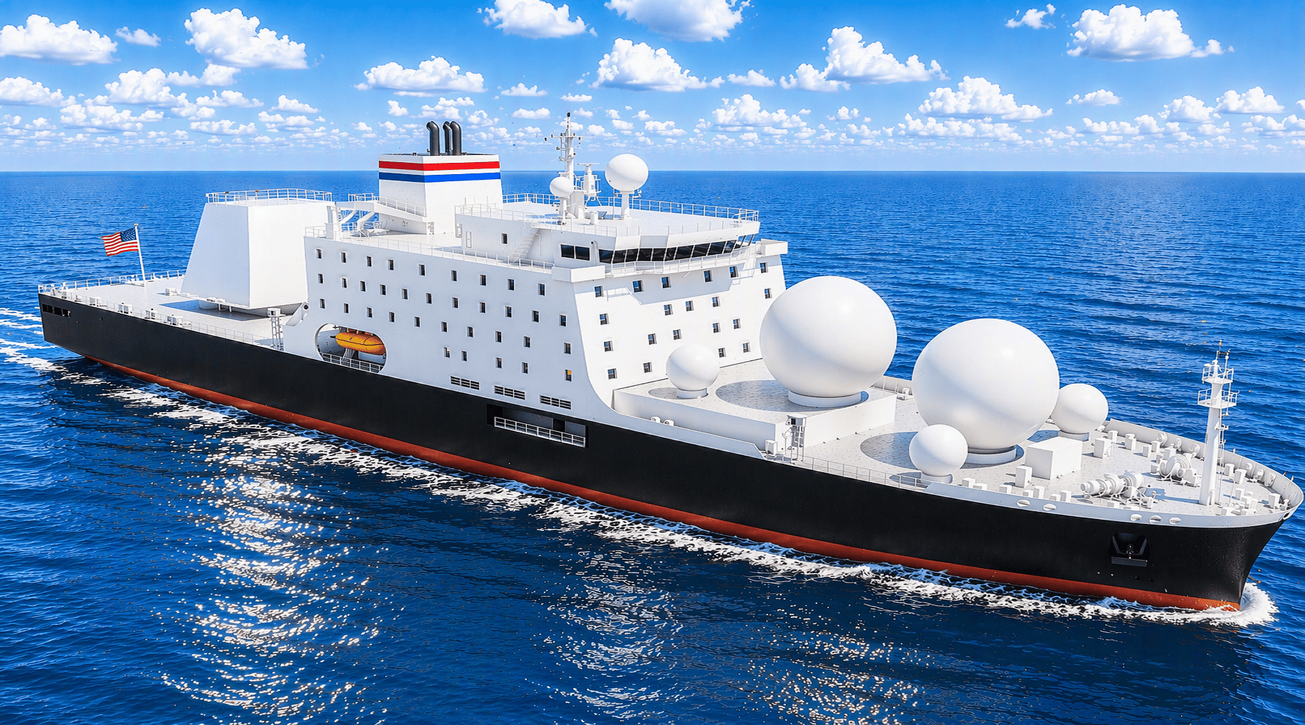 Artist's rendering of a next-generation Missile Range Instrumentation Vessel at sea featuring multiple large spherical radar domes on the foredeck. The ship will replace the Pacific Tracker and Pacific Collector in support of U.S. missile defense testing and tracking missions.