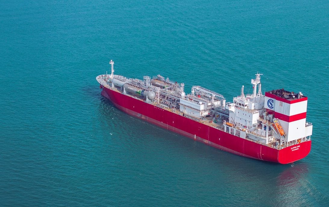 Aerial view of the LPG carrier Clipper Eris sailing at sea, showing its deck-mounted cargo tanks and onboard carbon capture system.
