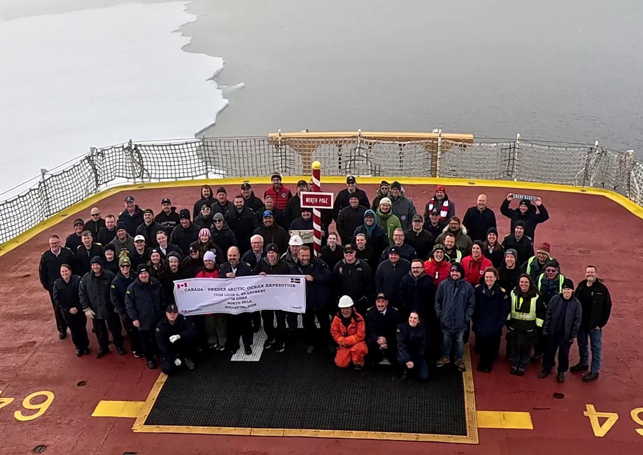 Picture of the CCGS Louis S. St-Laurent on the stern of the icebreaker to mark its arrival at the North Pole