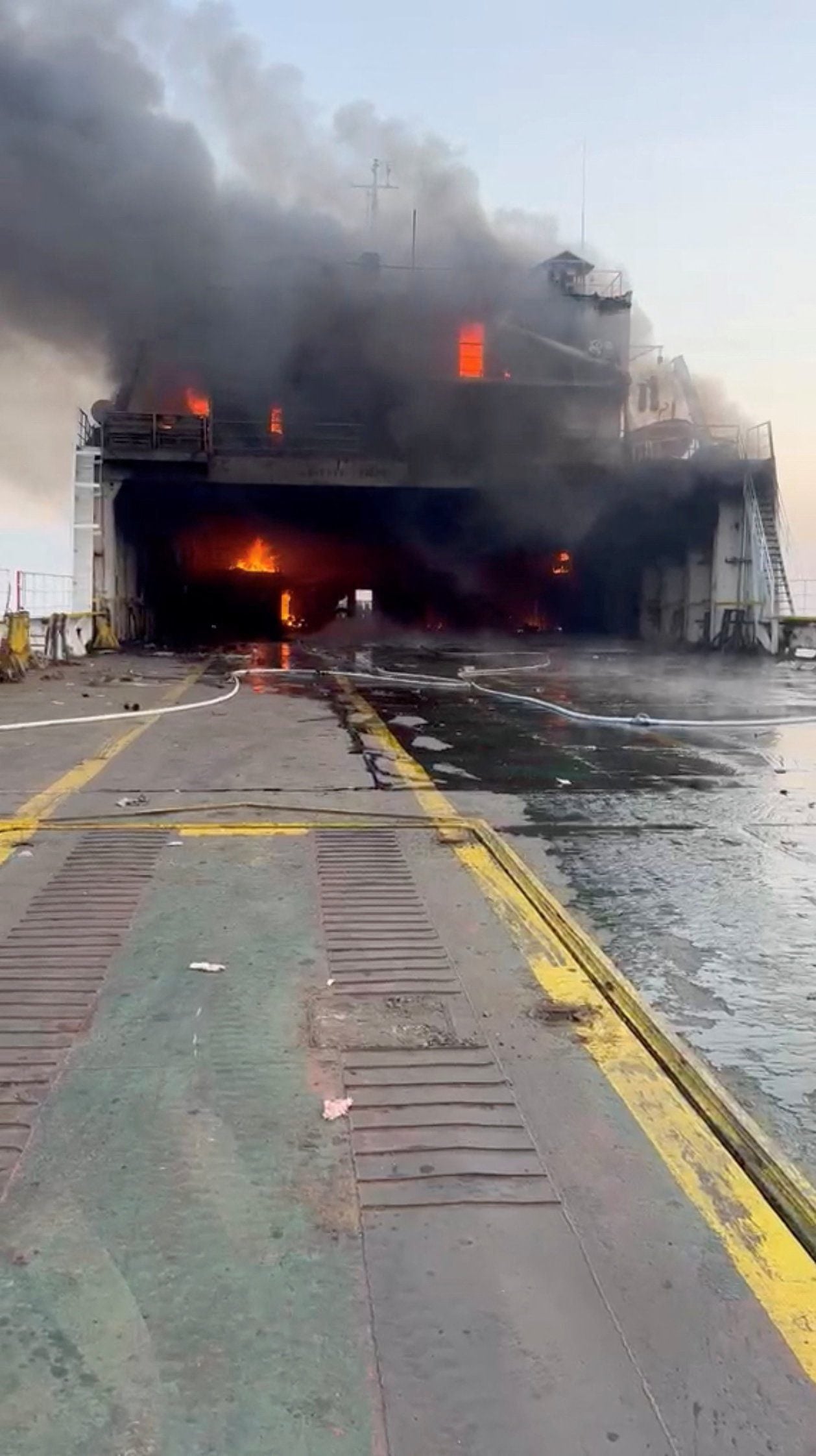 Smoke and flames rise from a Turkish cargo ship after a drone attack