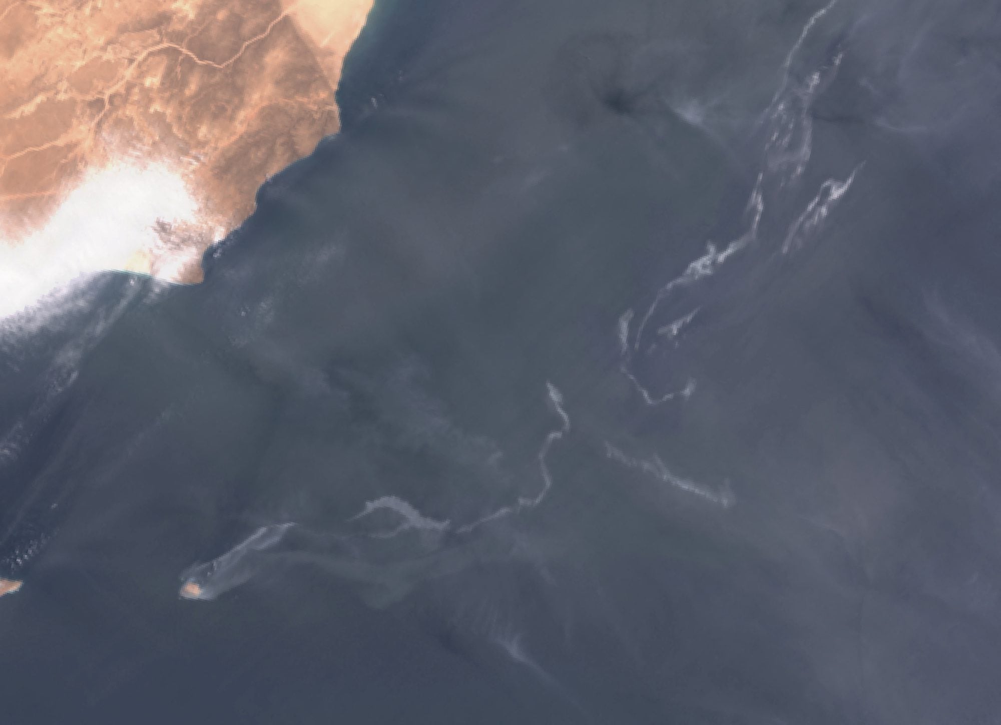 A satellite image shows an oil spill off the coast of Oman, August 11, 2026