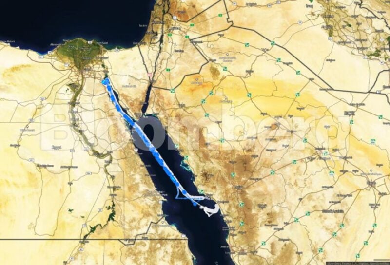 Tankers have been shuttling Saudi crude between Yanbu in the lower right to Ain Sukhna in the upper left, from where it is shipped through a pipeline to the Mediterranean Sea.Source: Bloomberg