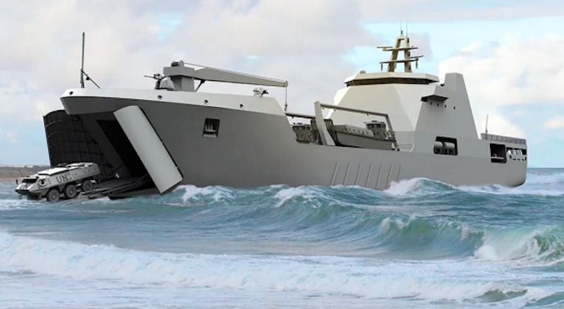 Rendering of the Medium Land Ship landing on a beach with military vehicle exiting bow ramp
