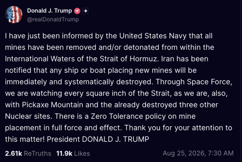 Trump Truth Social post declaring the Strait of Hormuz mine free