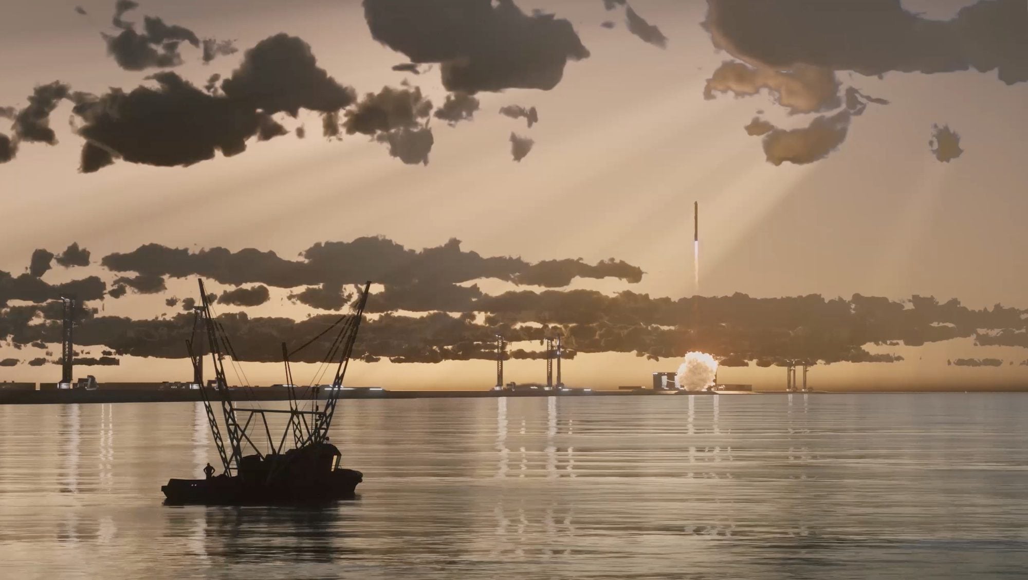 An illustration showing a rocket launching from SpaceX's Louisiana, viewed from the water with a boat in the foreground