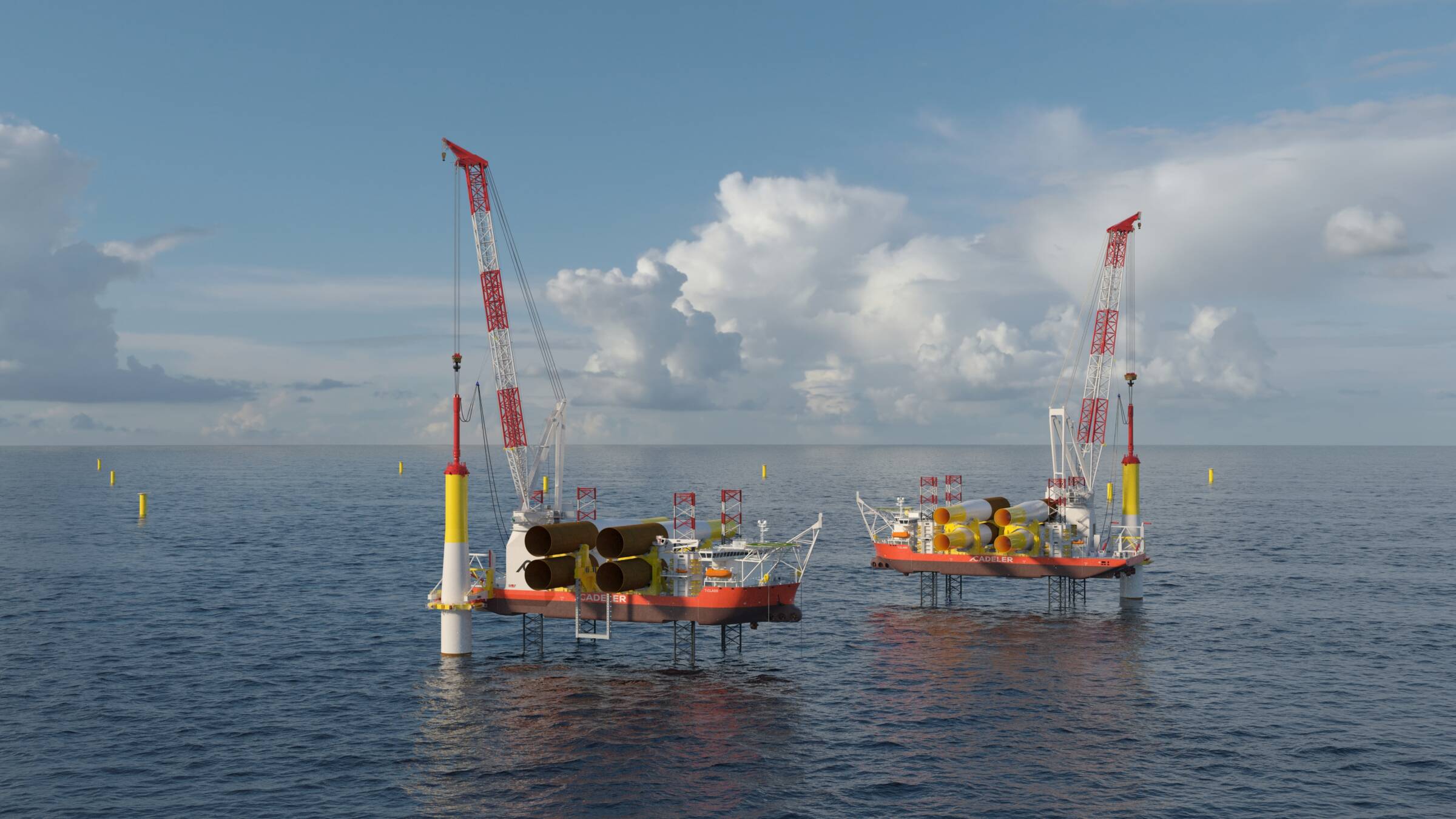An illustration of the two T-class wind turbine installation vessels at sea next to wind turbines