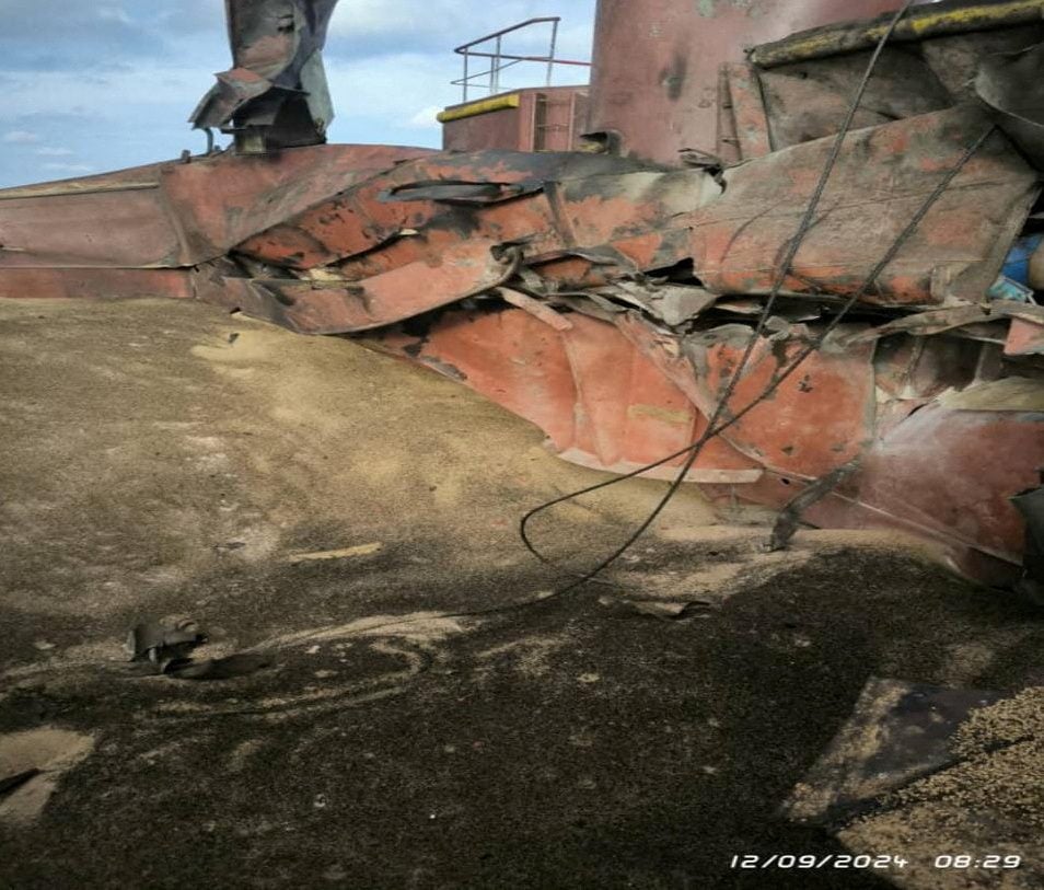 View shows a civilian cargo vessel damaged by a Russian missile strike in the Black Sea