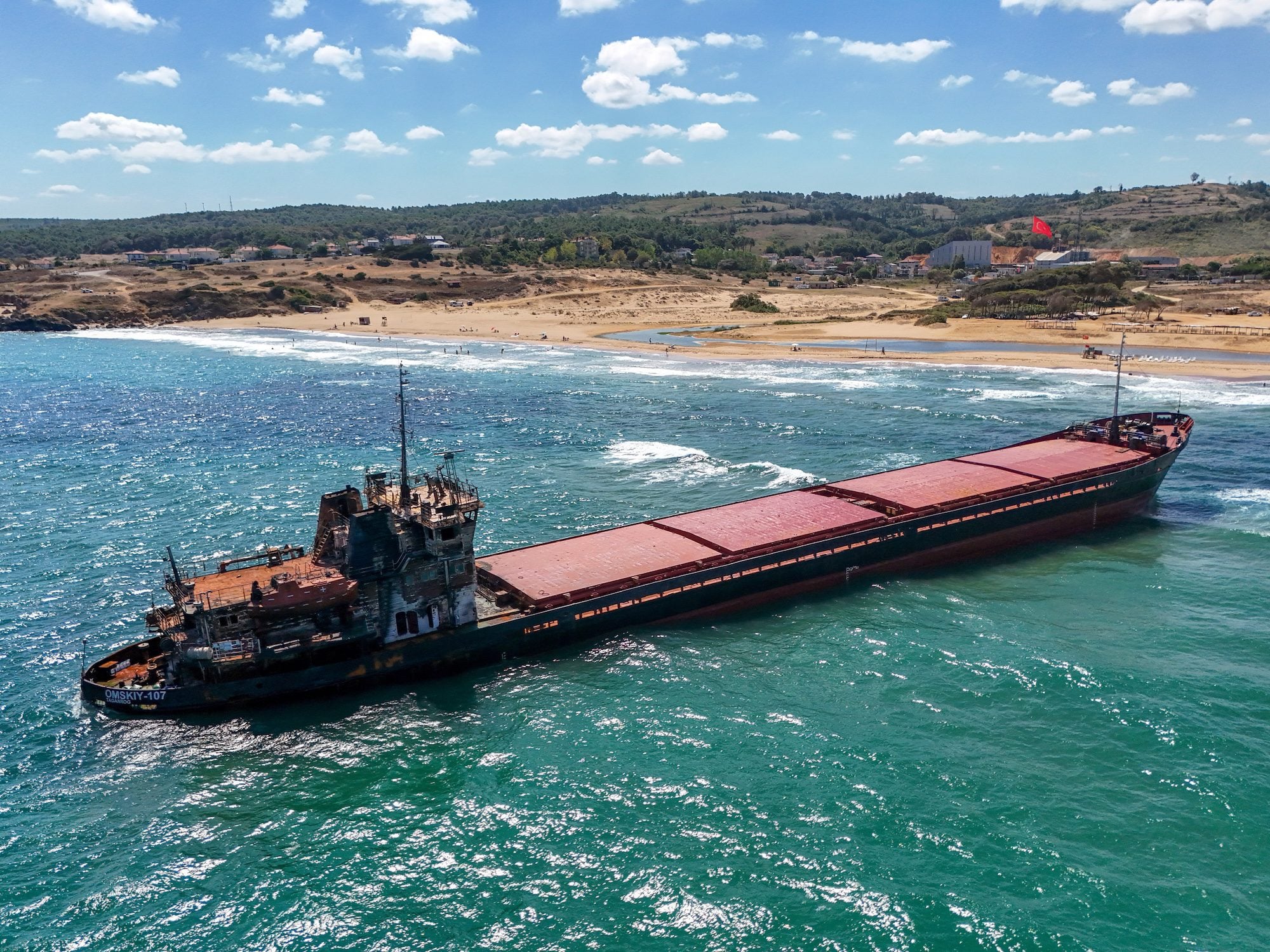 A drone view shows the Russian-flagged general cargo ship Omskiy-107 aground off the coast of Sile in Istanbul
