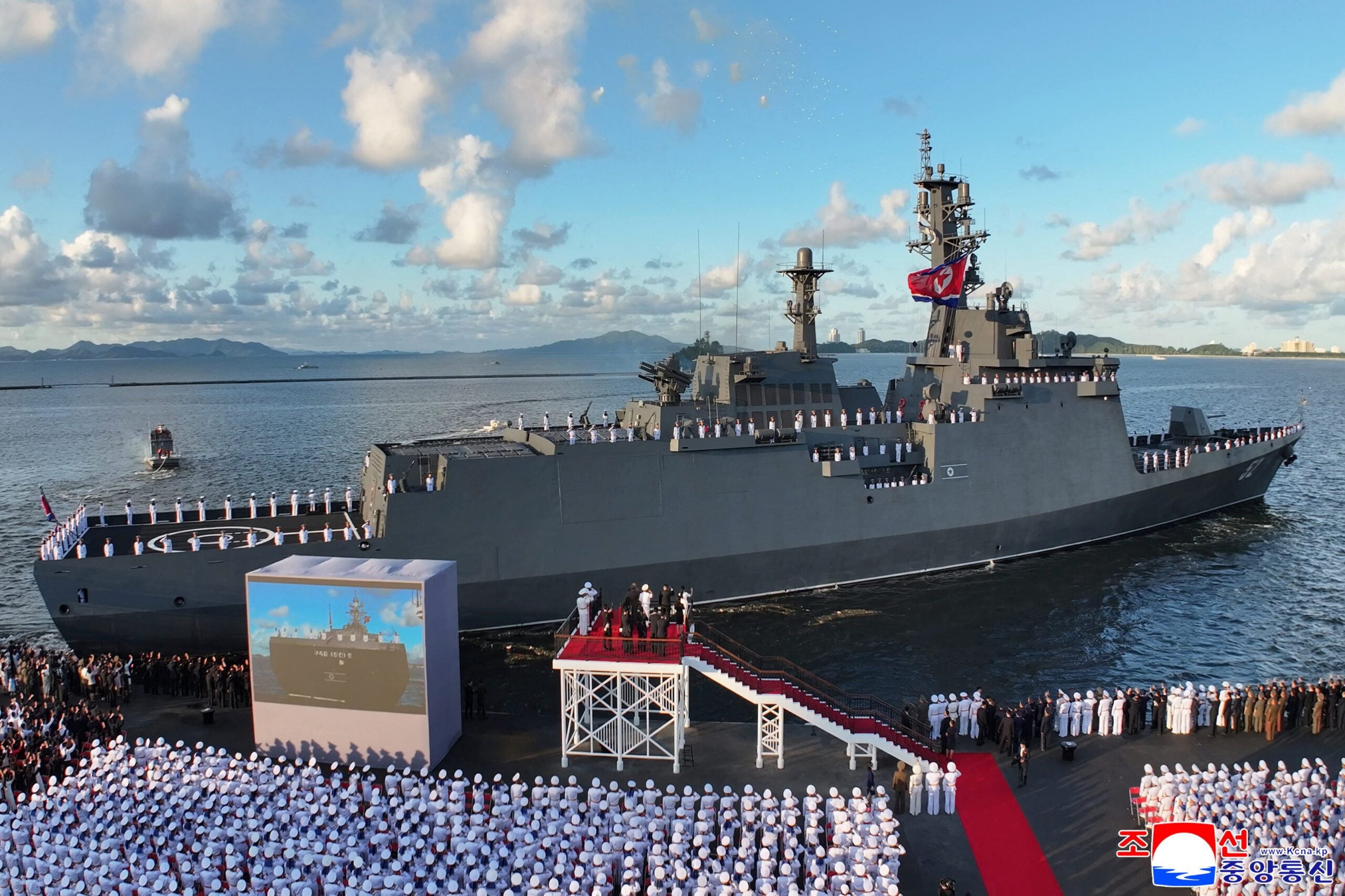 North Korean leader Kim Jong Un attends the commissioning ceremony of the destroyer "Kang Kon", at Wonsan Port