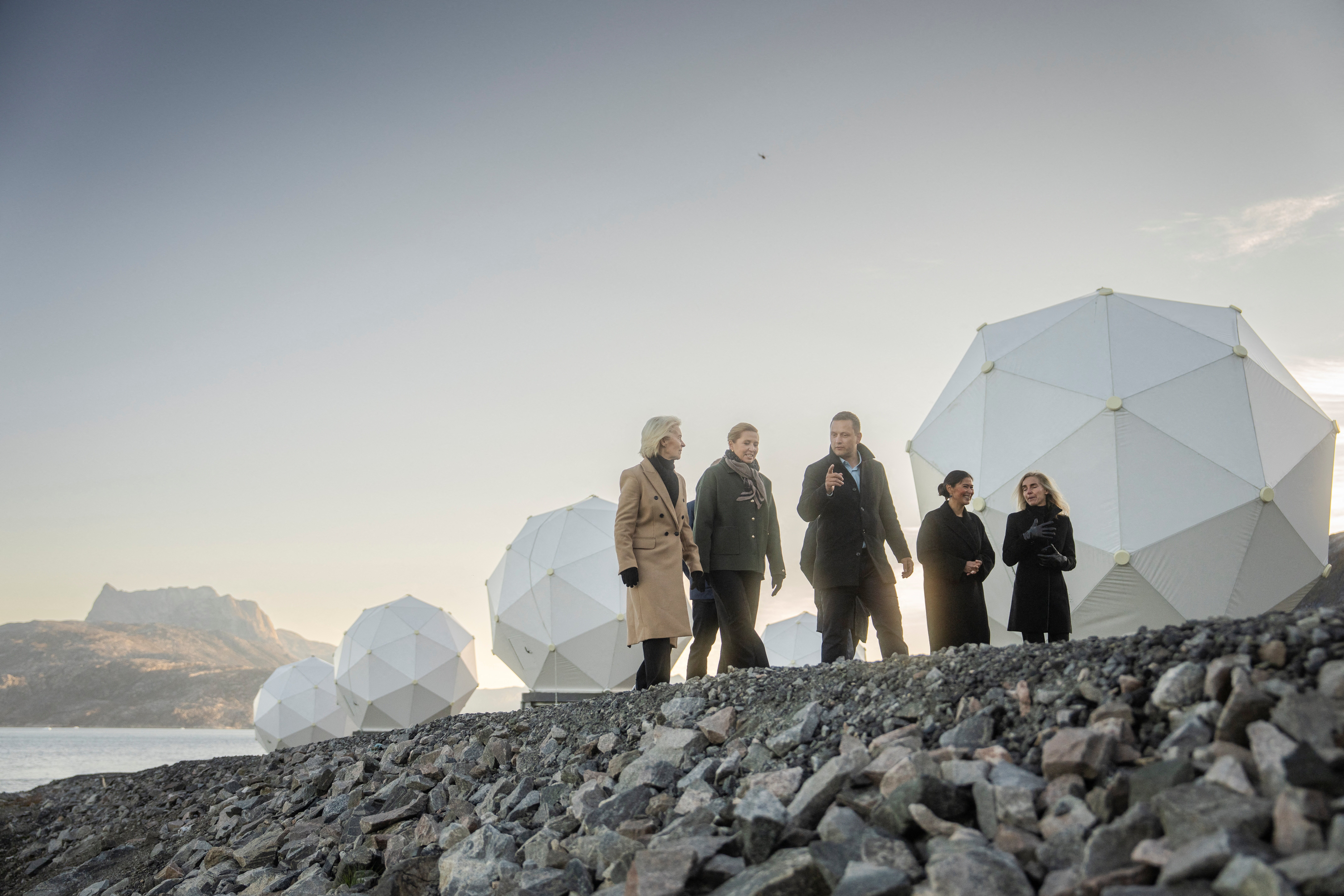 Danish PM Frederiksen, EU President Leyen and Greenland's PM Nielsen visit Eutelsat OneWeb in Nuuk