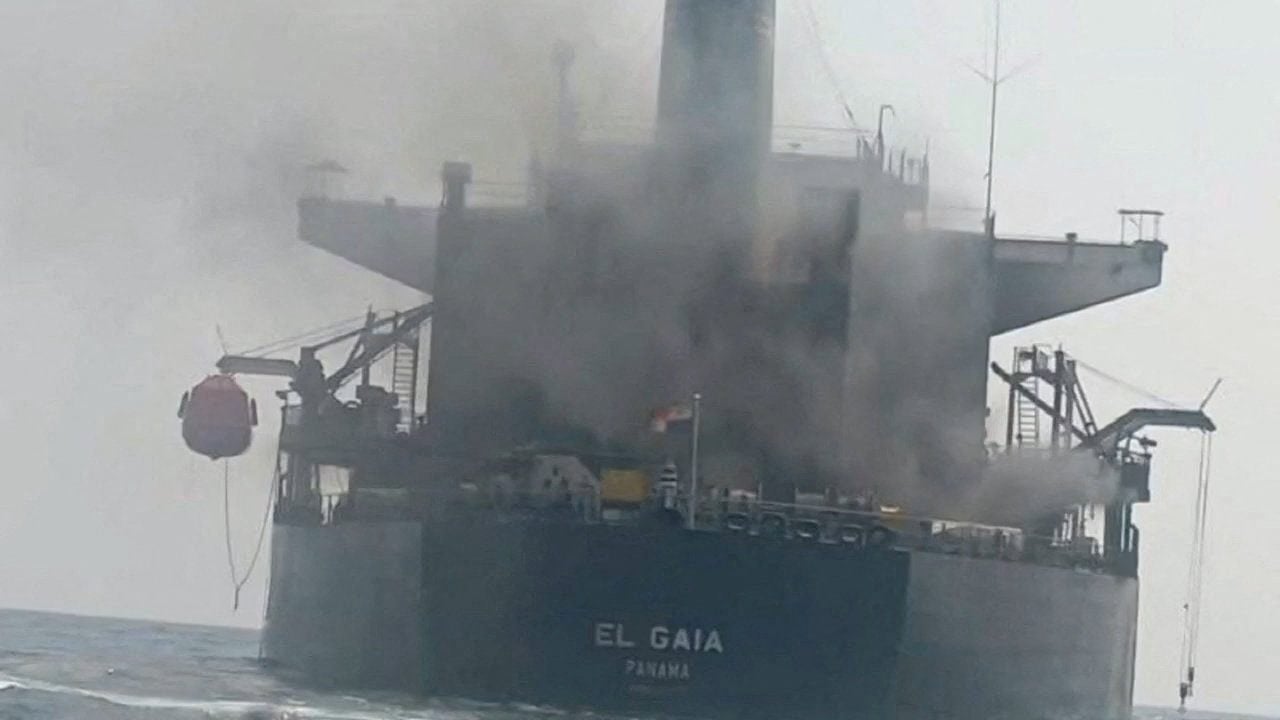 Smoke column rises from tanker El Gaia after incident in Strait of Hormuz