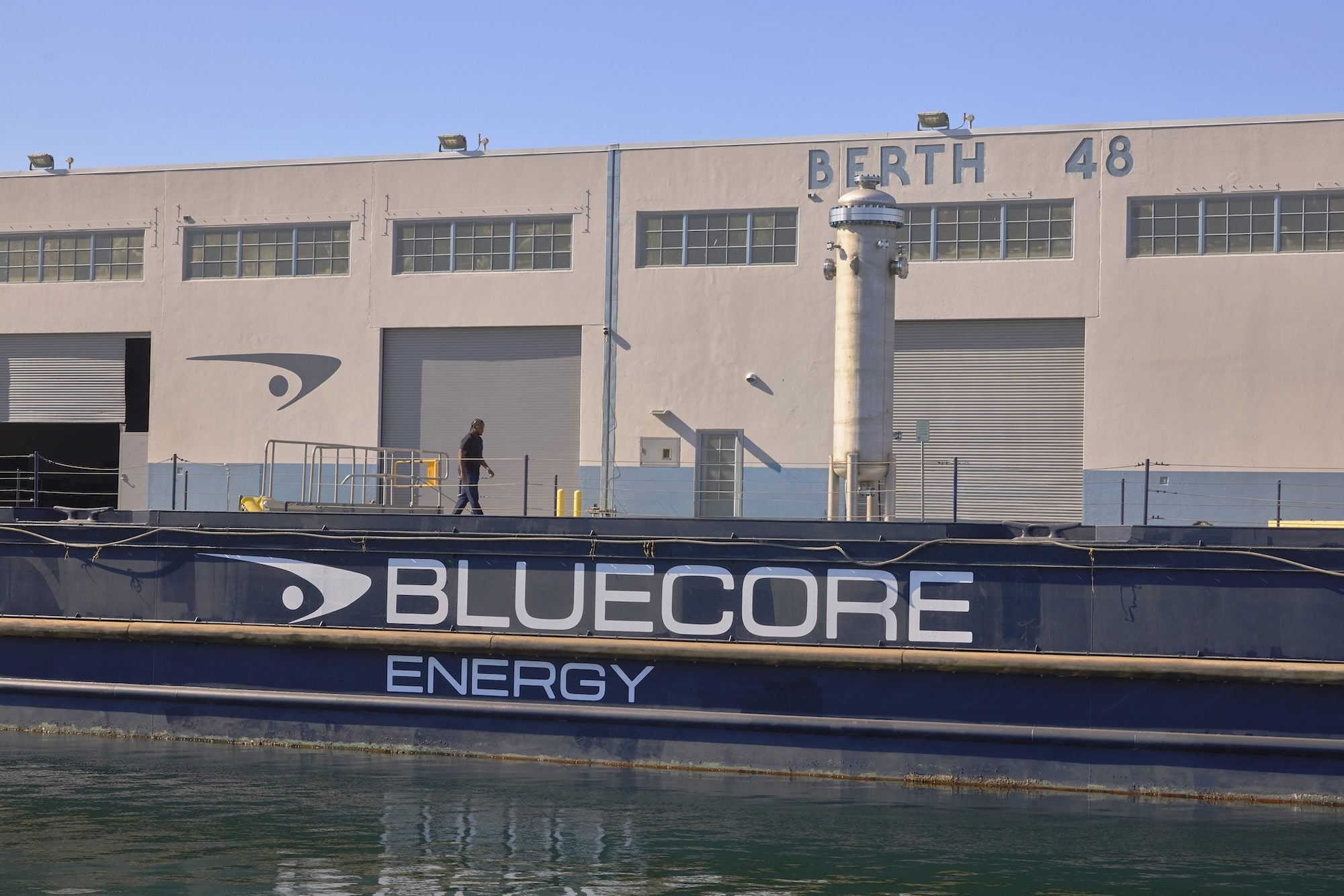 Bluecore Energy barge docked at Berth 48 in the Port of Long Beach, where the company is developing a floating nuclear power system.