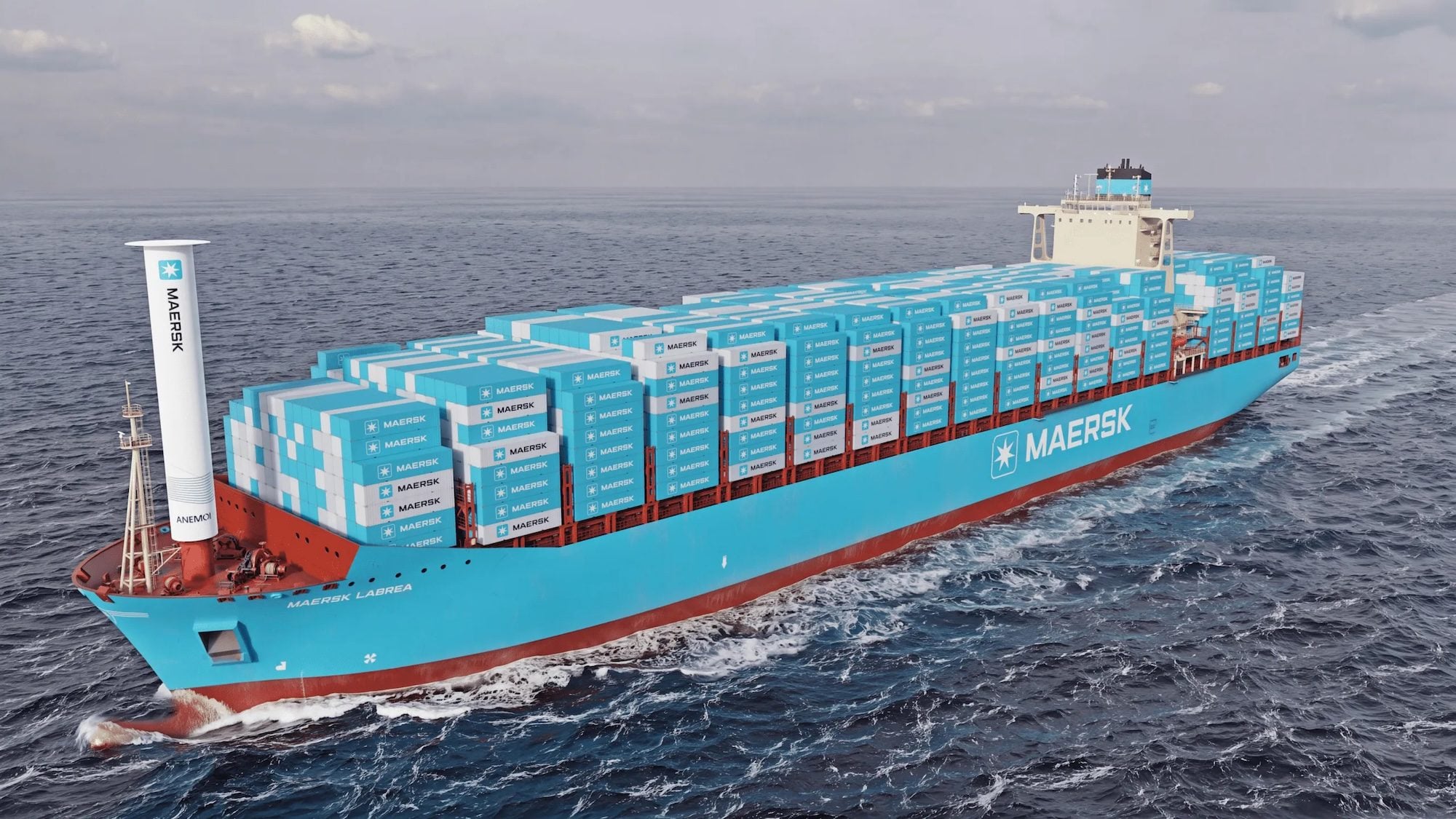 Rendering of a Maersk containership fitted with a 35-meter Anemoi Rotor Sail for wind-assisted propulsion.