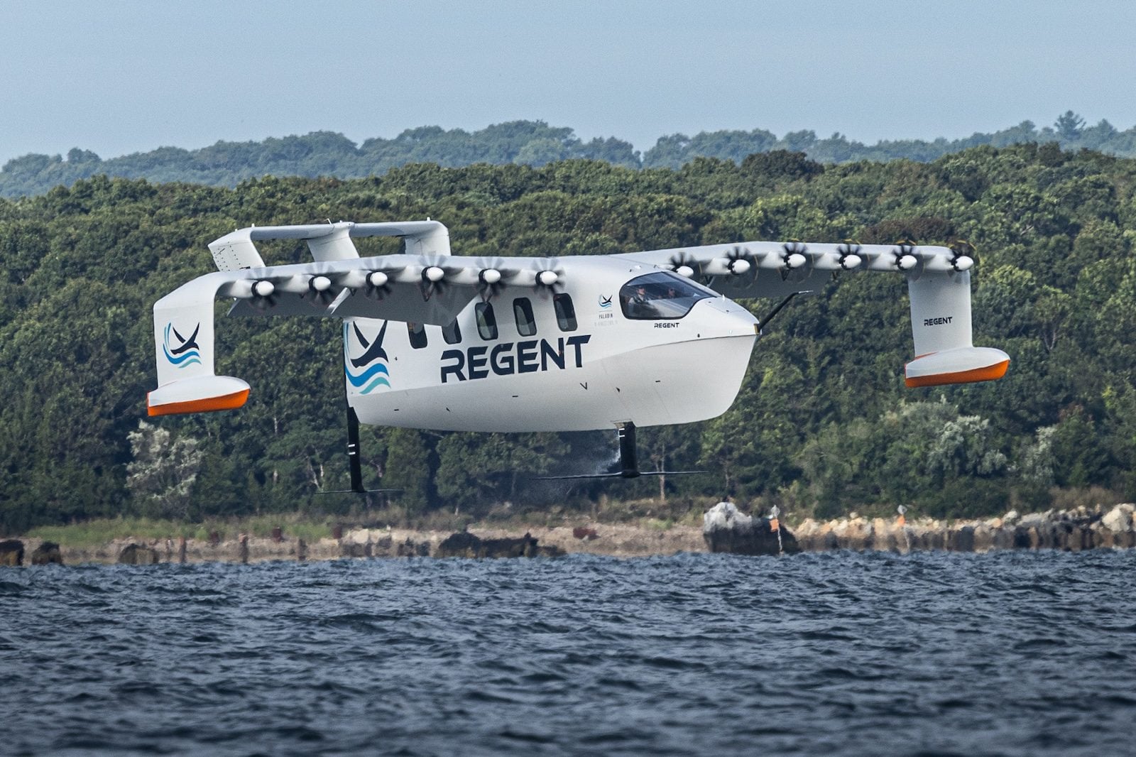 REGENT Viceroy electric Seaglider flying above the water during its first human-crewed flight in Narragansett Bay, Rhode Island.