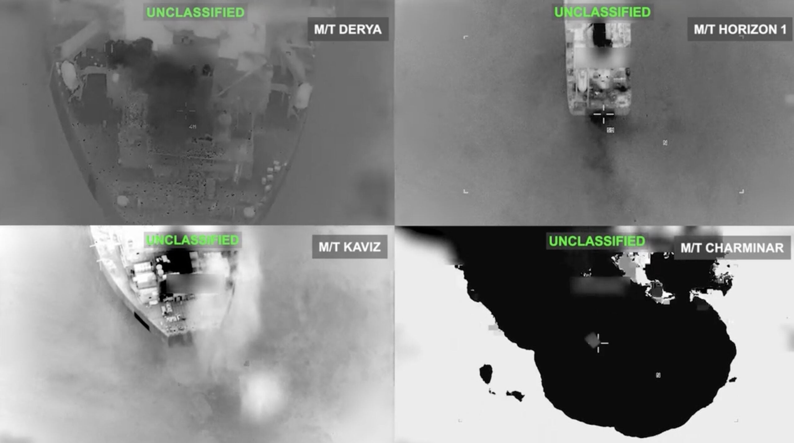 CENTCOM imagery showing U.S. strikes on the Iranian tankers Derya, Horizon 1, Kaviz and Charminar on Sept. 8, 2026.
