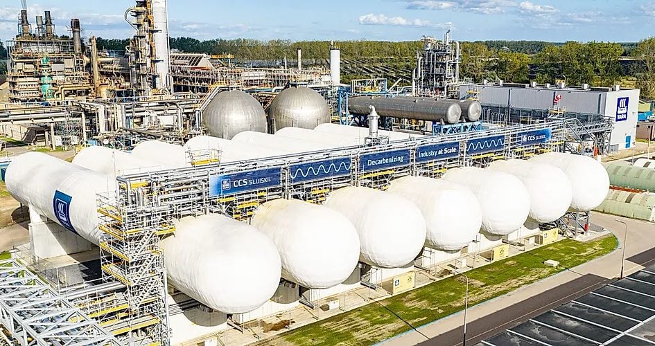 CO2 storage tanks at Yara’s carbon capture facility in Sluiskil, Netherlands.