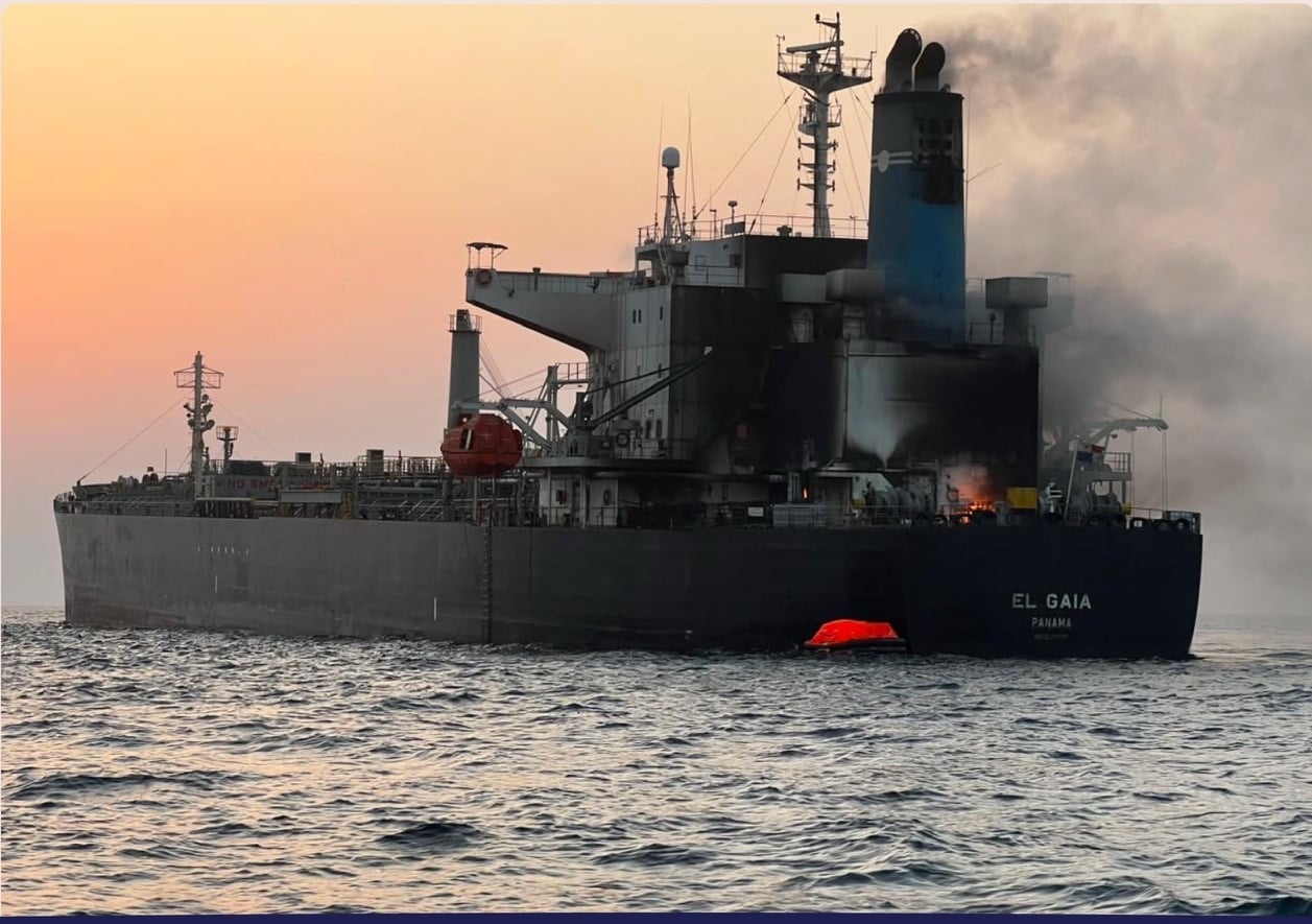 Smoke and flames visible aboard the Panama-flagged tanker El Gaia off Oman.