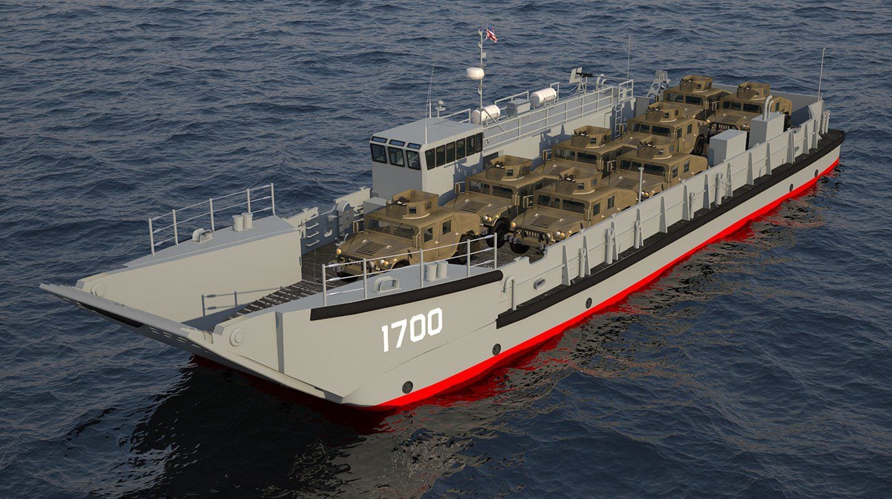 Rendering of a U.S. Navy LCU 1700 landing craft carrying military vehicles on deck.