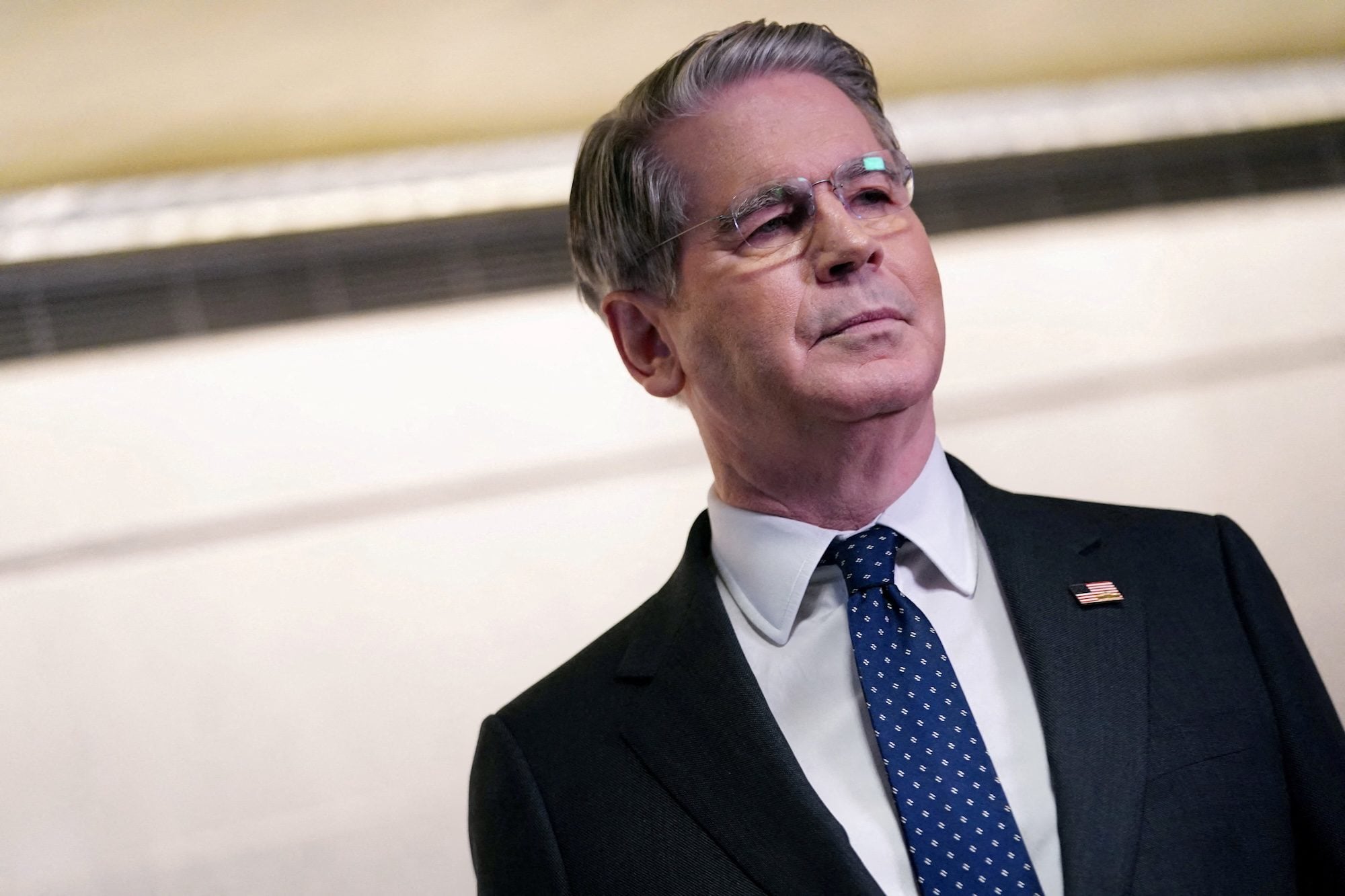 US Treasury Secretary Scott Bessent looks on as he speaks to the media at the World Bank on the day of a meeting with Chinese Vice Premier He Lifeng, in Washington, D.C.