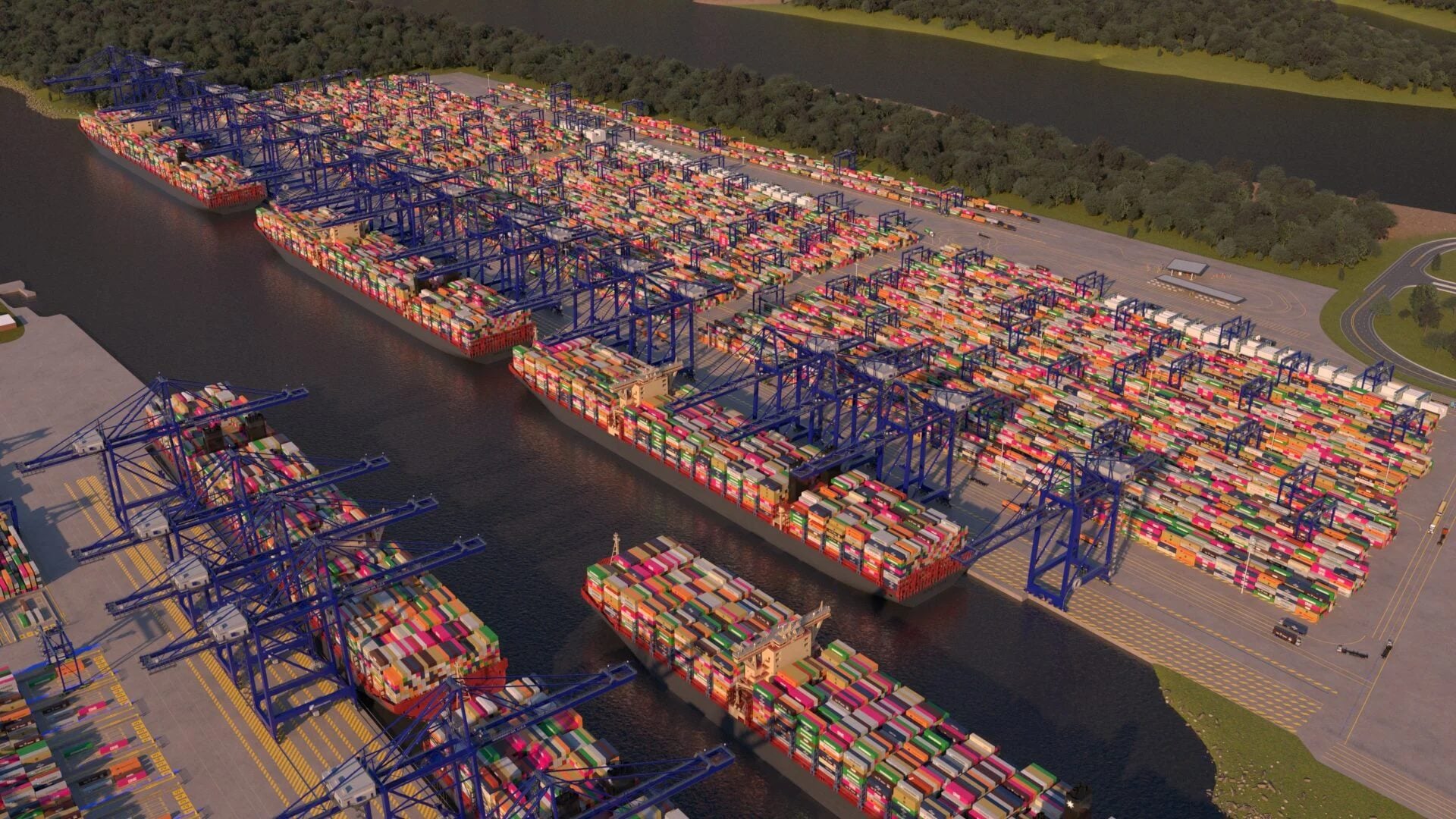 Rendering shows the future three berth Savannah Container Terminal pictured at the top, and the two berth Ocean Terminal facility across the river, adding five big ship container berths to meet future demand.