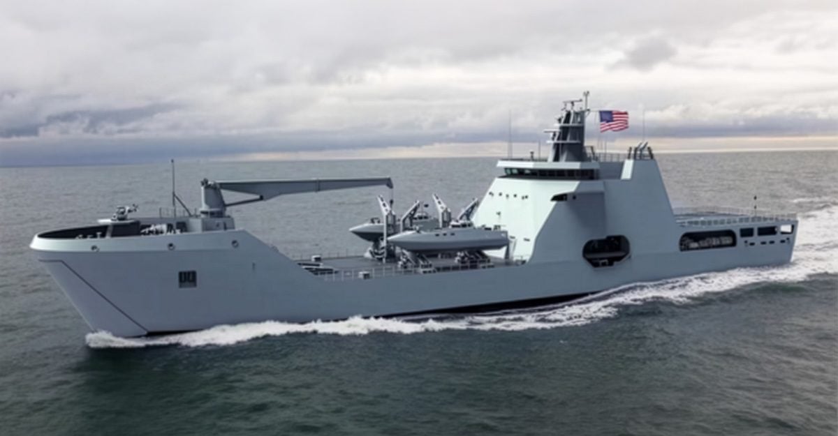 Rendering of a U.S. Navy Medium Landing Ship (LSM) underway at sea, featuring a gray hull, forward cargo crane, small boats on deck and an American flag flying above the superstructure.