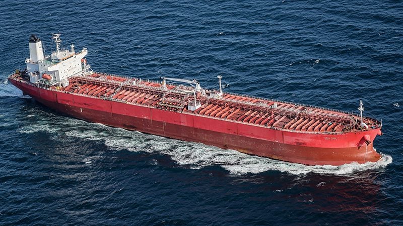 Aerial view of the red-hulled tanker Sea Owl 1 underway at sea. Photo: Swedish Coast Guard.